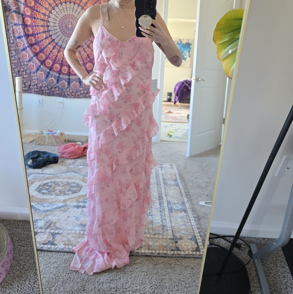 NWT Petal & Pup Sheer Pink Floral Ruffle Maxi Dress